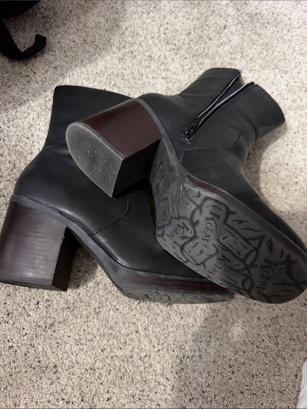 Kork-Ease Black Leather Block Heel Ankle Boots with Brown Wood-Tone Heel